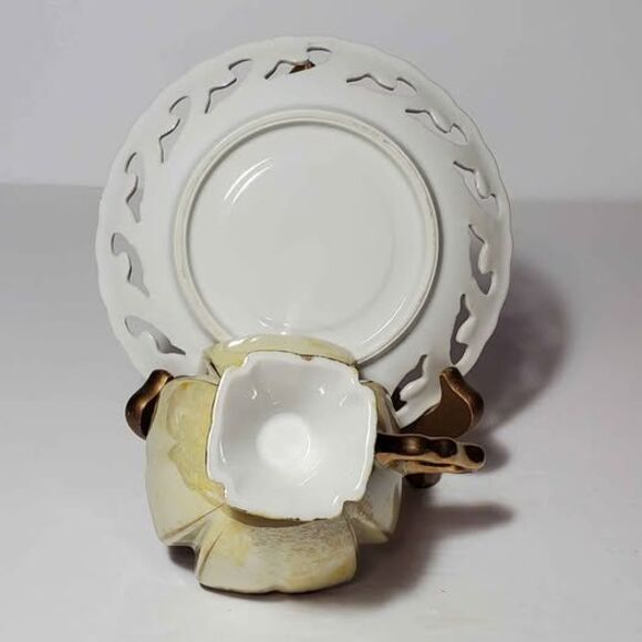 Yellow Teacup and Saucer Pink Roses Opalescent Vintage - Picture 8 of 10